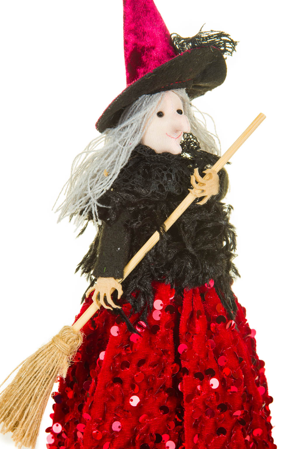 12" Sequin Black and Red Cloth Witch Ornament with Broom