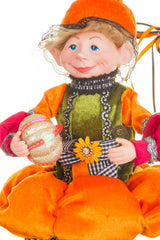 26" Sitting Velveteen Orange and Green Cotton Impish Elf Doll with Pumpkin Suit