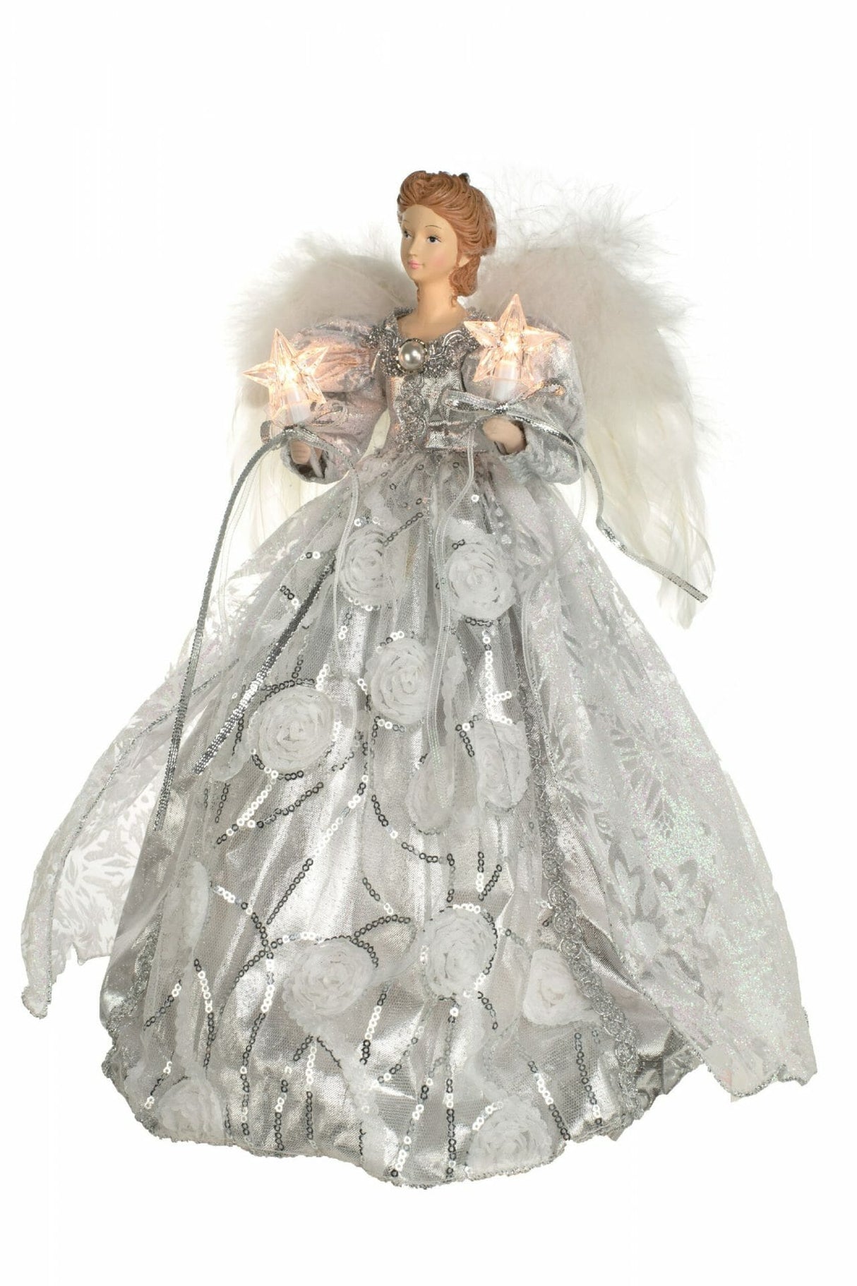 14" Silver and White Cloth Modern 10-Light Angel Tree Topper