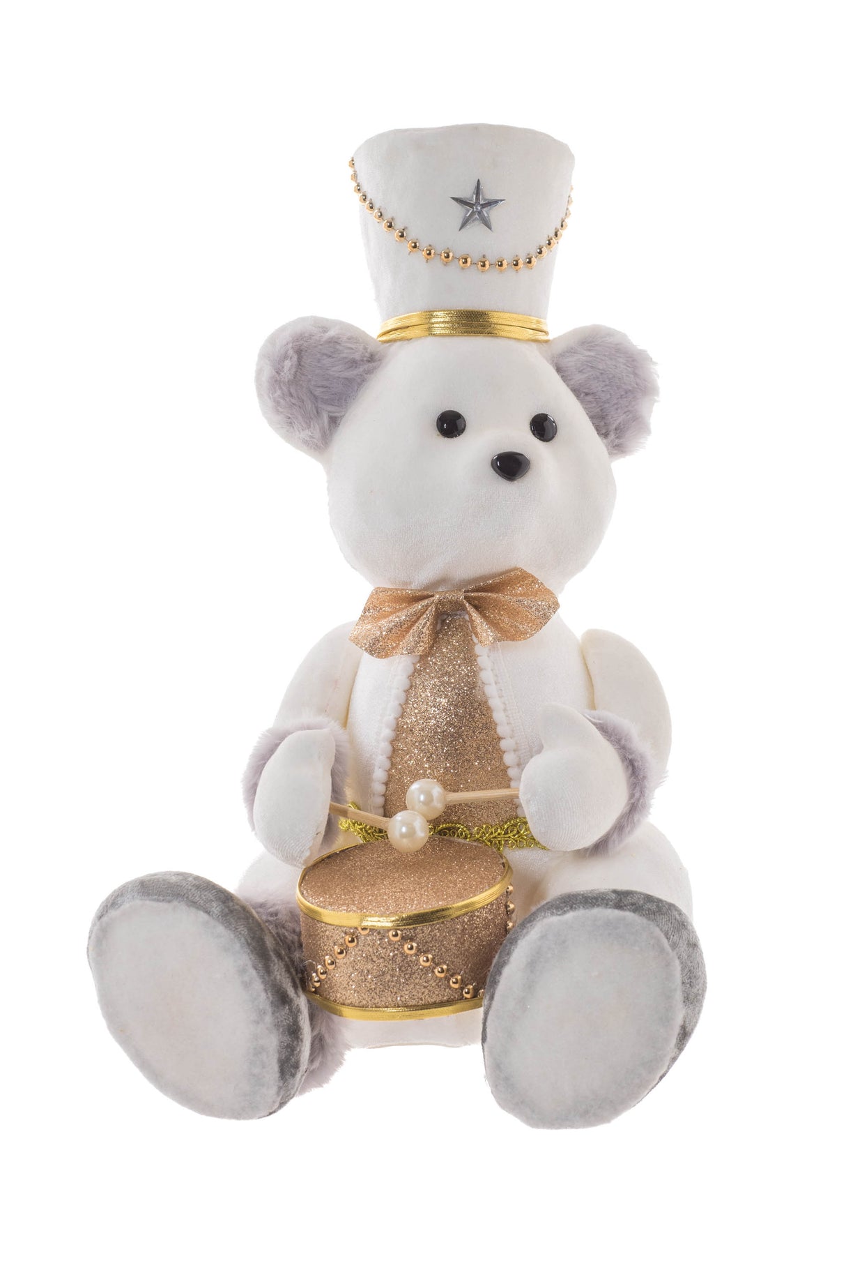 12.75" Sitting White and Gold Furry Bear Figurine with Bowtie