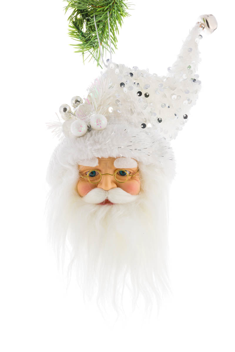 10" Hanging White and Silver Fabric Santa Head Decoration
