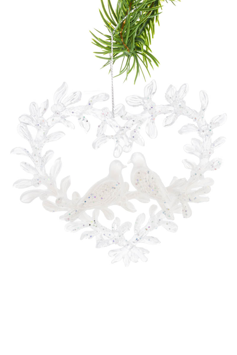 5" Hanging White Acrylic Heart Wreath Ornament with Doves