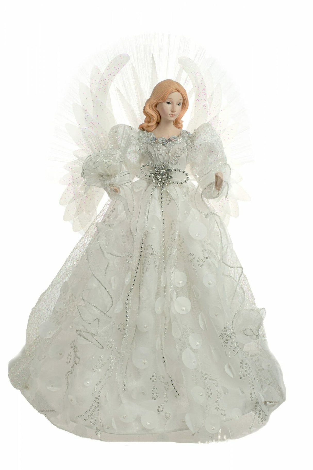 18" White Cloth Modern Fiber Optic Angel Tree Topper with Spotted Dress