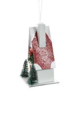 5" Hanging White and Red Wooden Holiday Home LED Ornament with Hanging Wreath