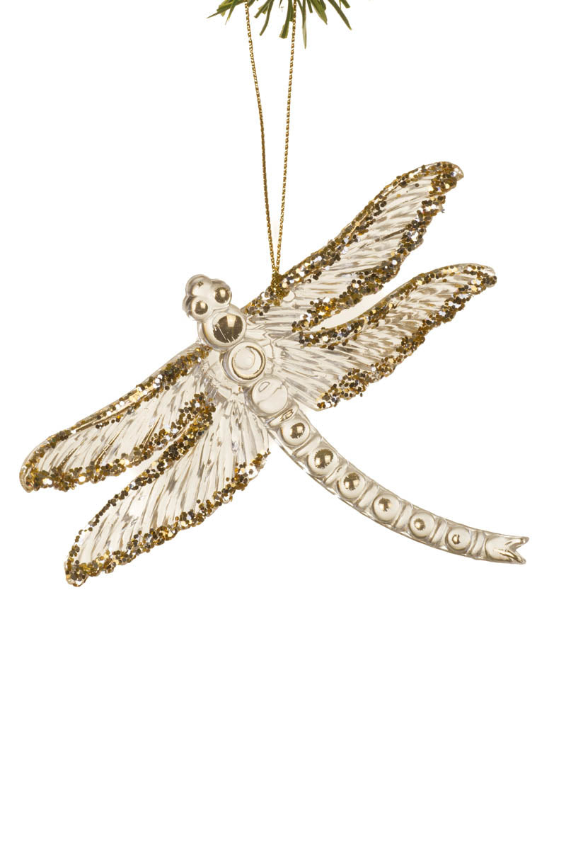 5" Crystalline Hanging Clear and Gold Glass Dragonfly Ornament