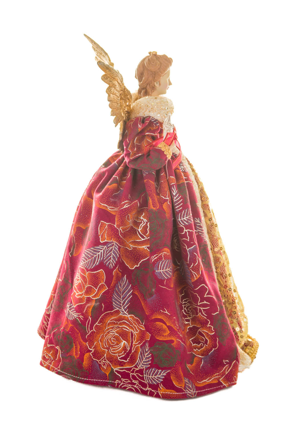 15" Floral Burgundy and Gold Cotton Monarchical Warm White LED Angel Tree Topper