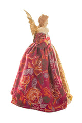 15" Floral Burgundy and Gold Cotton Monarchical Warm White LED Angel Tree Topper