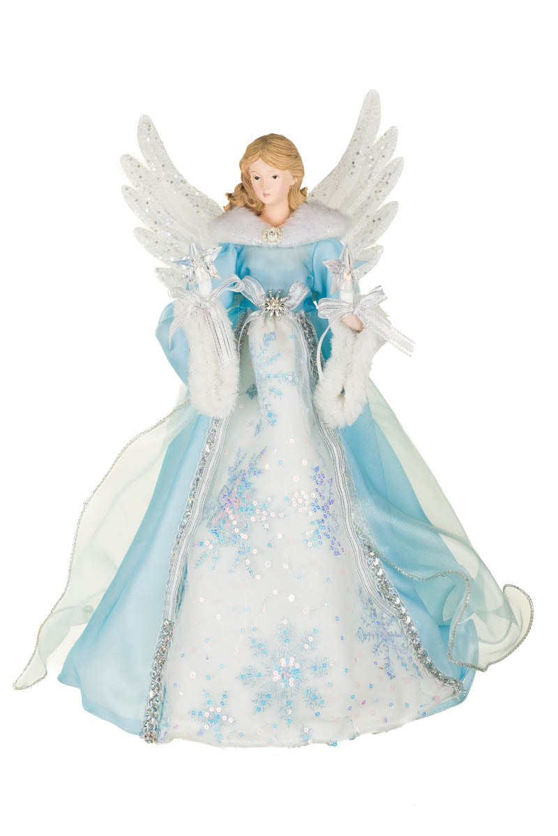 18" Snowflake Blue and Silver Fabric Icy 10-LIGHT Angel Tree Topper with Stars