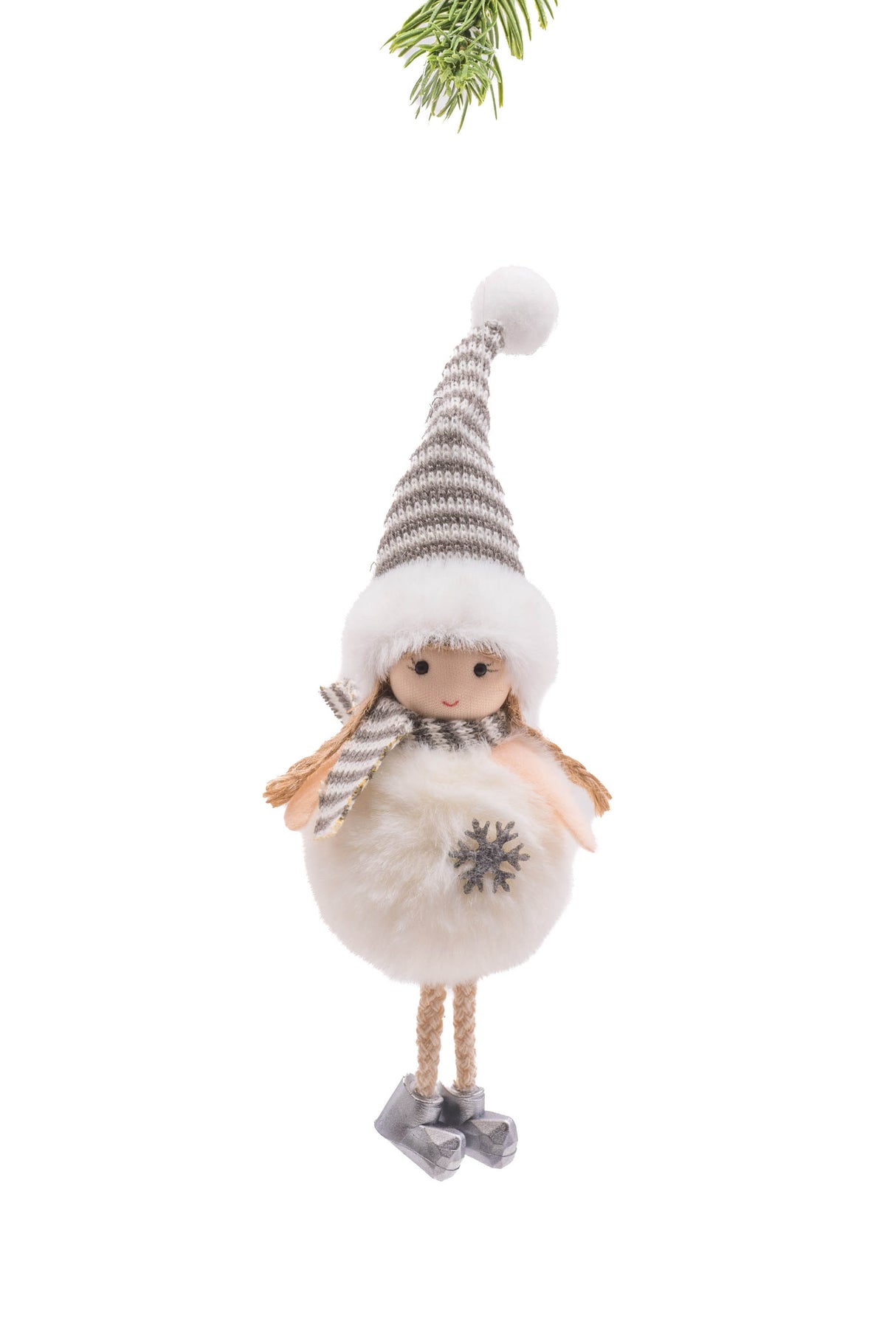 6.5" Hanging White and Gray Cloth Snowman Girl Doll with Pointy Hat