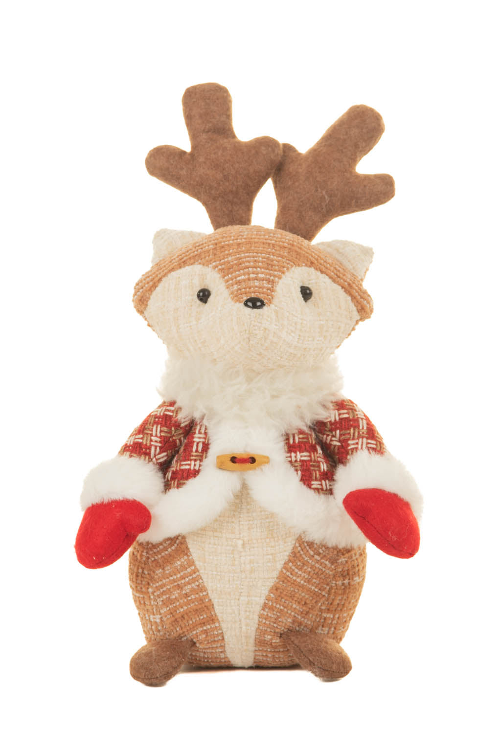 13" Tartan Beige and Red Cotton Reindeer Figurine