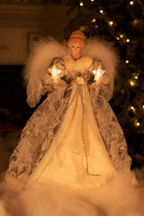 14" Silver and White Cloth Vintage 10-Light Angel Tree Topper with White Fluffy Wings