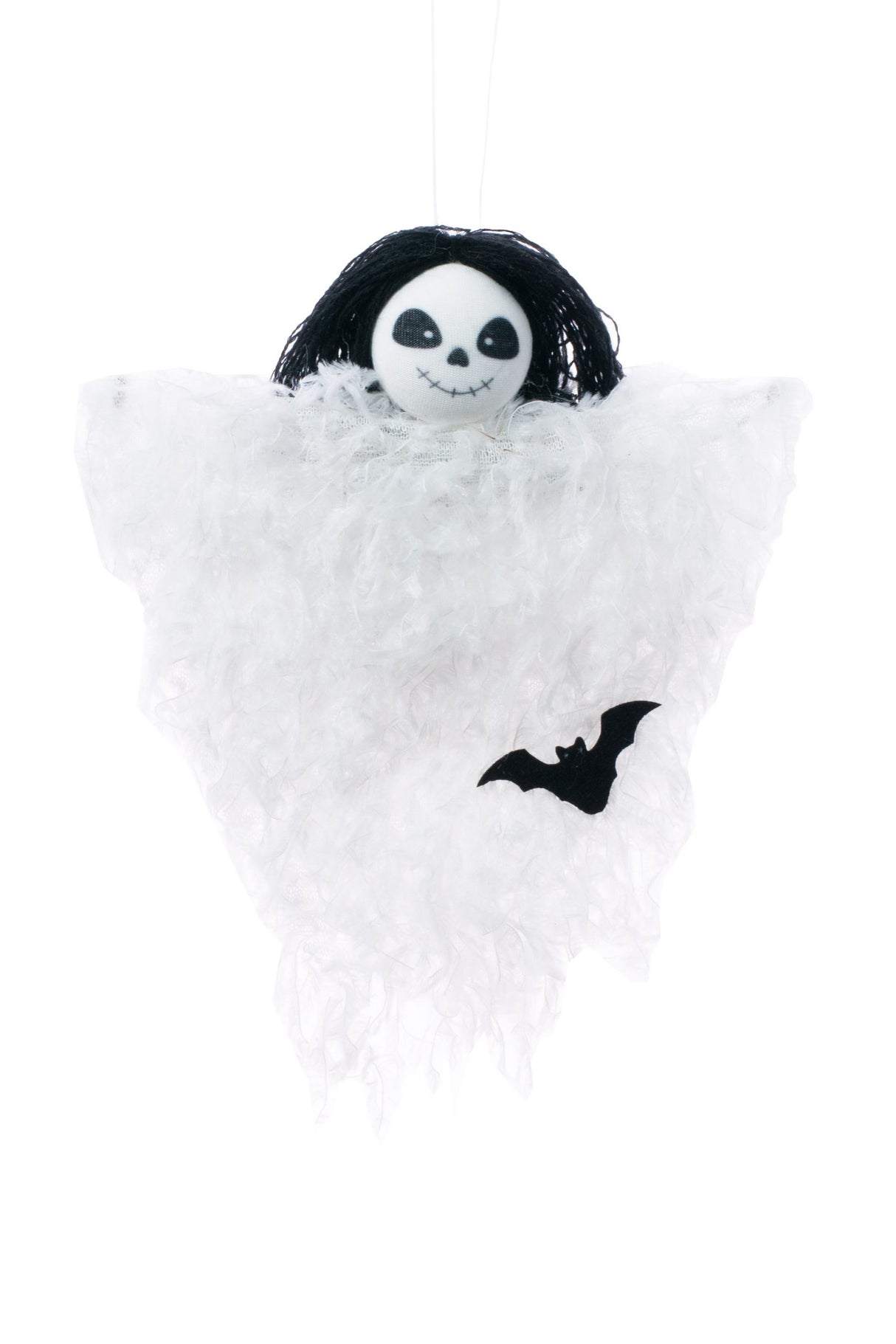 8" Fuzzy Hanging White Cloth Ghost Doll with Black Hair