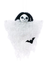 8" Fuzzy Hanging White Cloth Ghost Doll with Black Hair