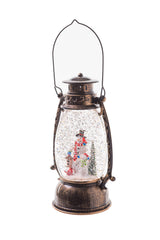 9.5" Slim Brown Plastic Oil Lantern LED Snow Globe with Snowman Family