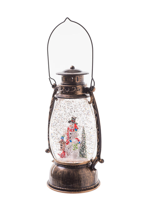 9.5" Slim Brown Plastic Oil Lantern LED Snow Globe with Snowman Family