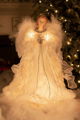 14" Ivory Cloth Modern 10-Light Angel Tree Topper with Fur Coat