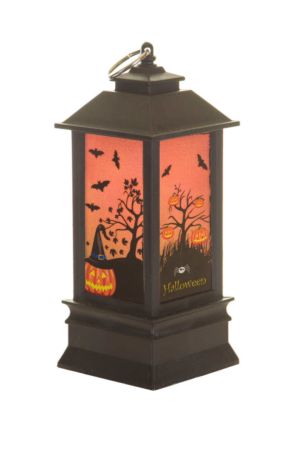 7.5" Hangable Black Plastic Spooky LED Lantern with Pumpkin Tree