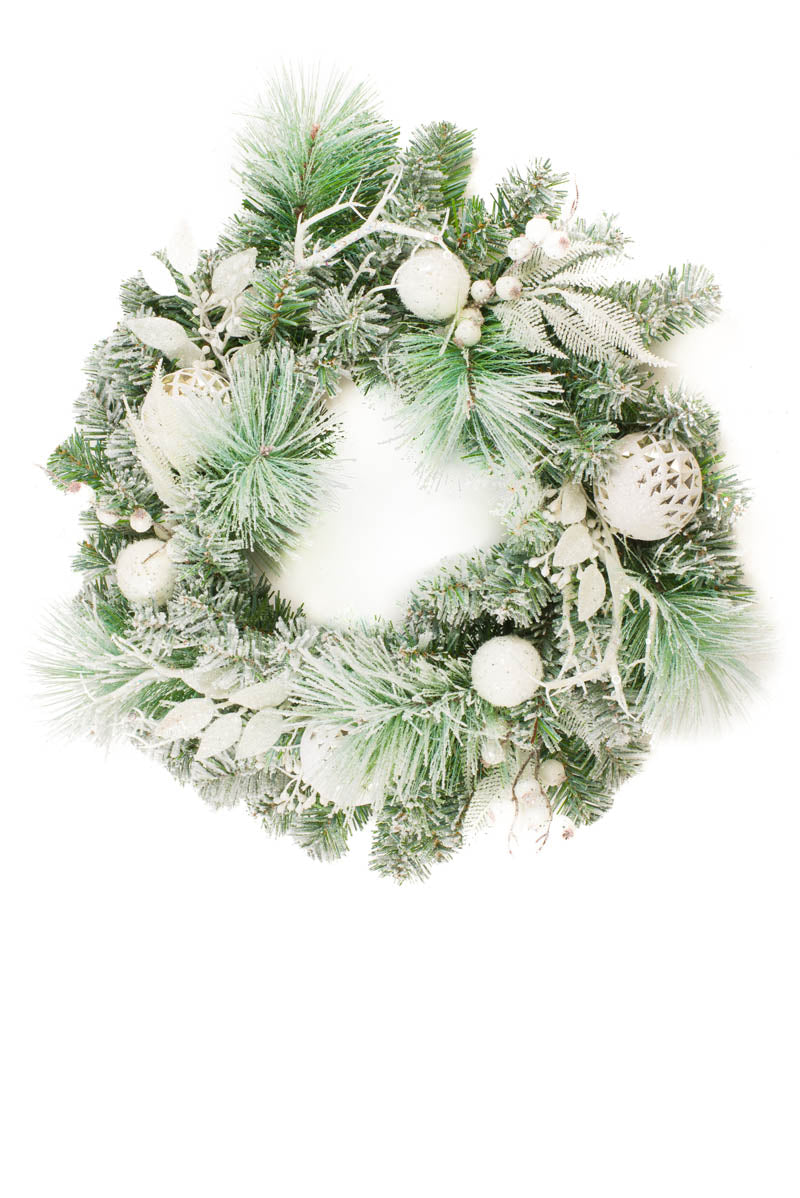 22" Hanging Flocked White and Gray Plastic Mixed Foliage Wreath