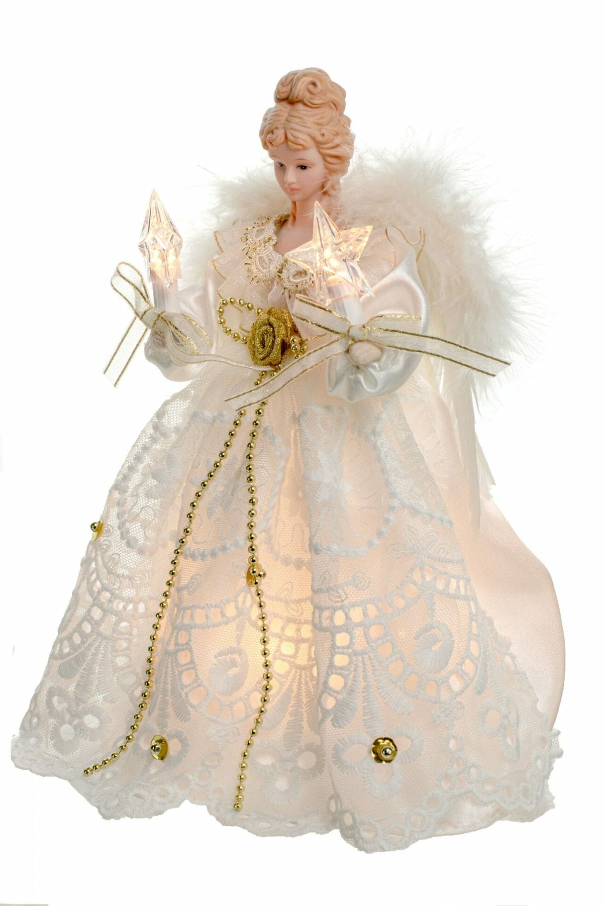 9.5" White Cloth Small Vintage 10-Light Angel Tree Topper with Vintage Linen Skirt