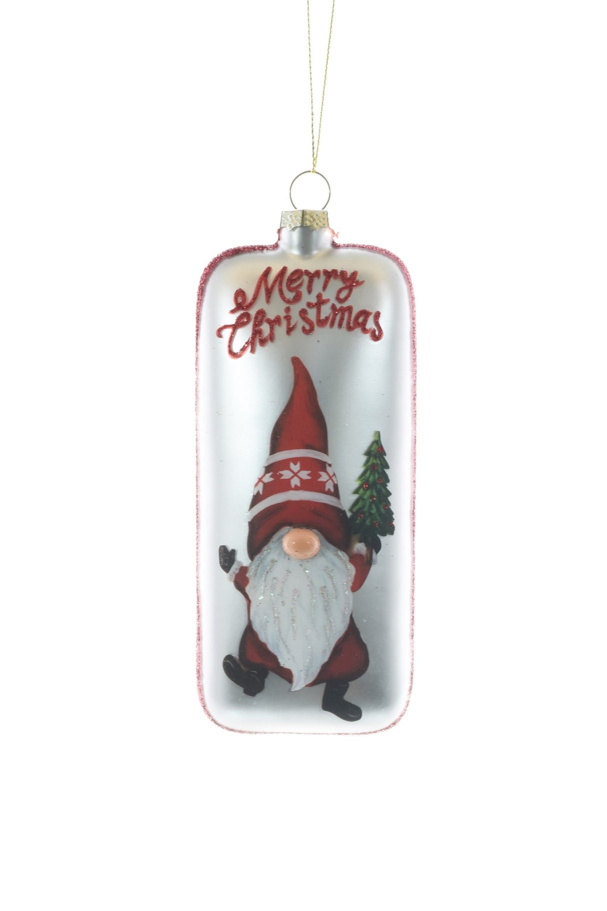 5.5" Hanging Red and Silver Glass Holiday Gnome Sign Ornament with "Merry Christmas"