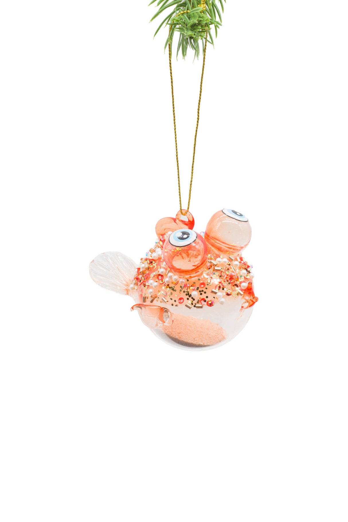 4" Hanging Orange and Clear Glass Friendly Blowfish Ornament with Sandy Filling