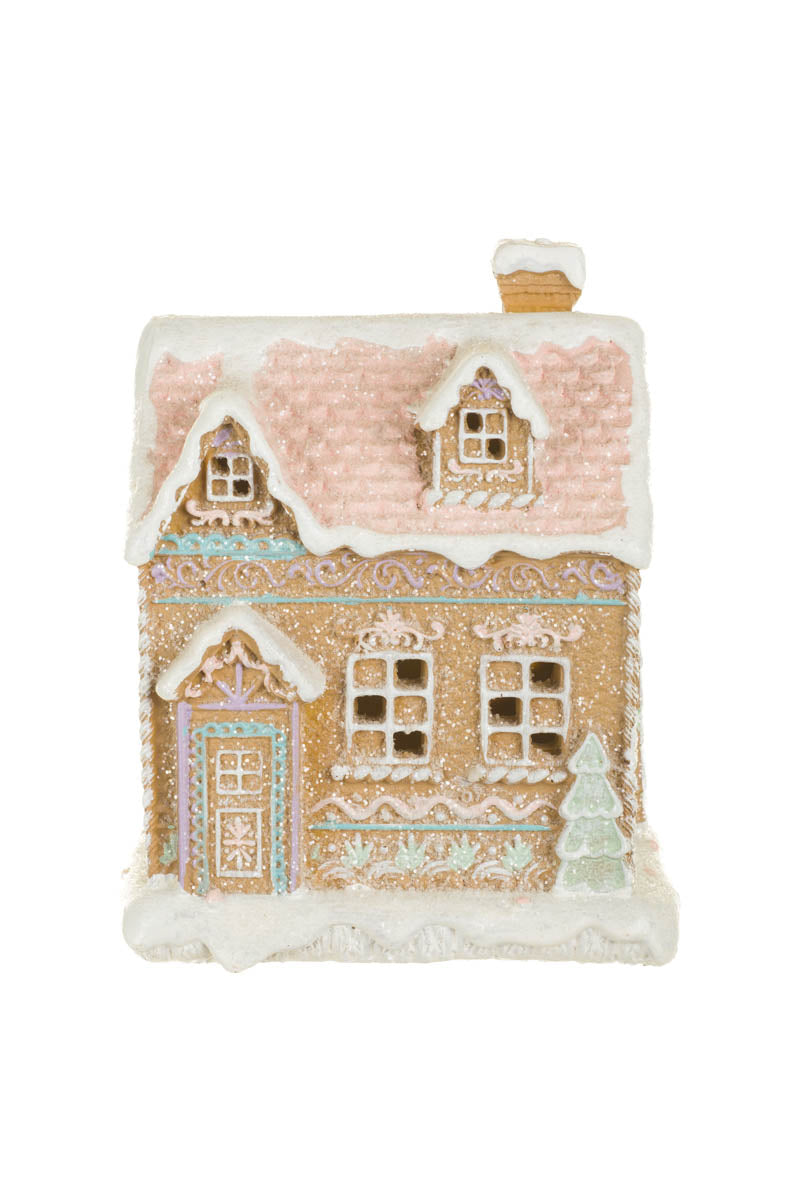 6"White and Pink Resin Gingerbread House Warm White LED Display with Snowy Chimney
