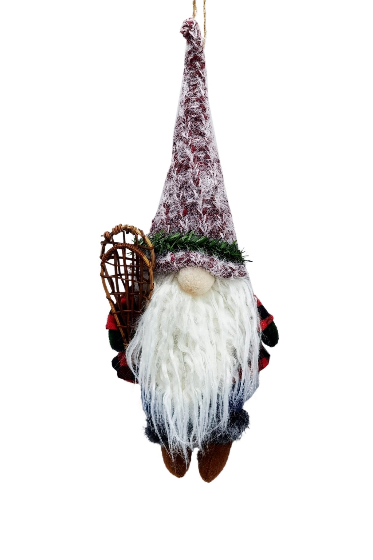 13.5" Hanging Buffalo Plaid Red and Brown Cloth Gnome Ornament with Snowshoes