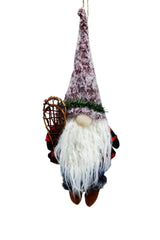 13.5" Hanging Buffalo Plaid Red and Brown Cloth Gnome Ornament with Snowshoes