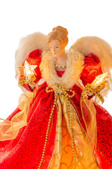 15"Red and Gold Polyester Elegant Warm White LED Angel Tree Topper with Glowing Stars