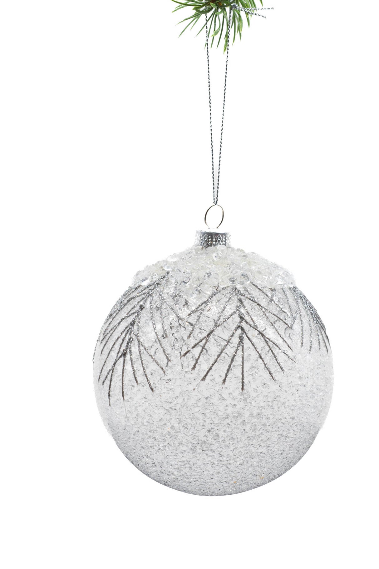 4.5" Hanging Clear and Silver Glass Snowy Ball Ornament