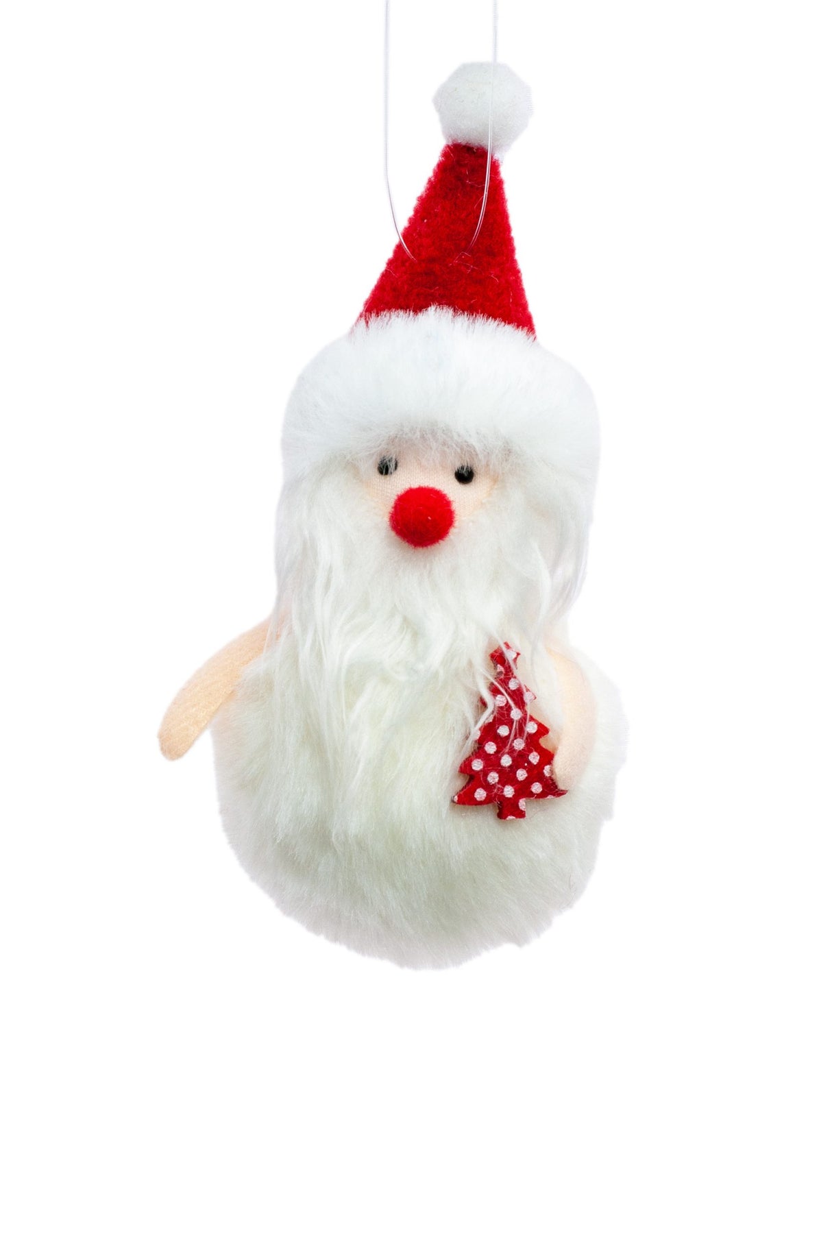 5.5" Hanging White Cloth Fuzzy Santa Ornament with Polka-Dot Christmas Tree