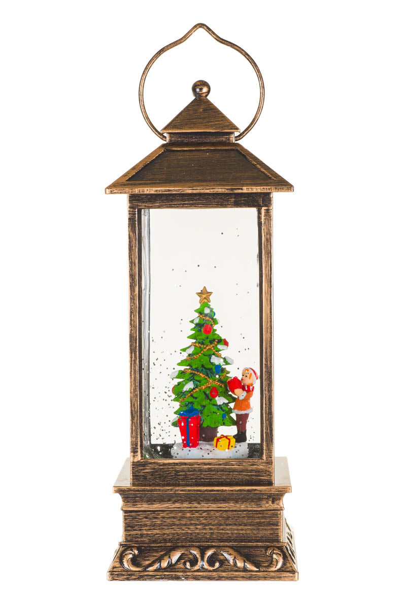 11" Musical Bronze Plastic Lantern Warm White LED Snow Globe with Decorating Child