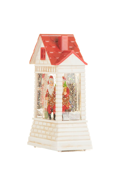 12.5" Mini White and Red Plastic Brick House Warm White LED Snow Globe with Santa Painting