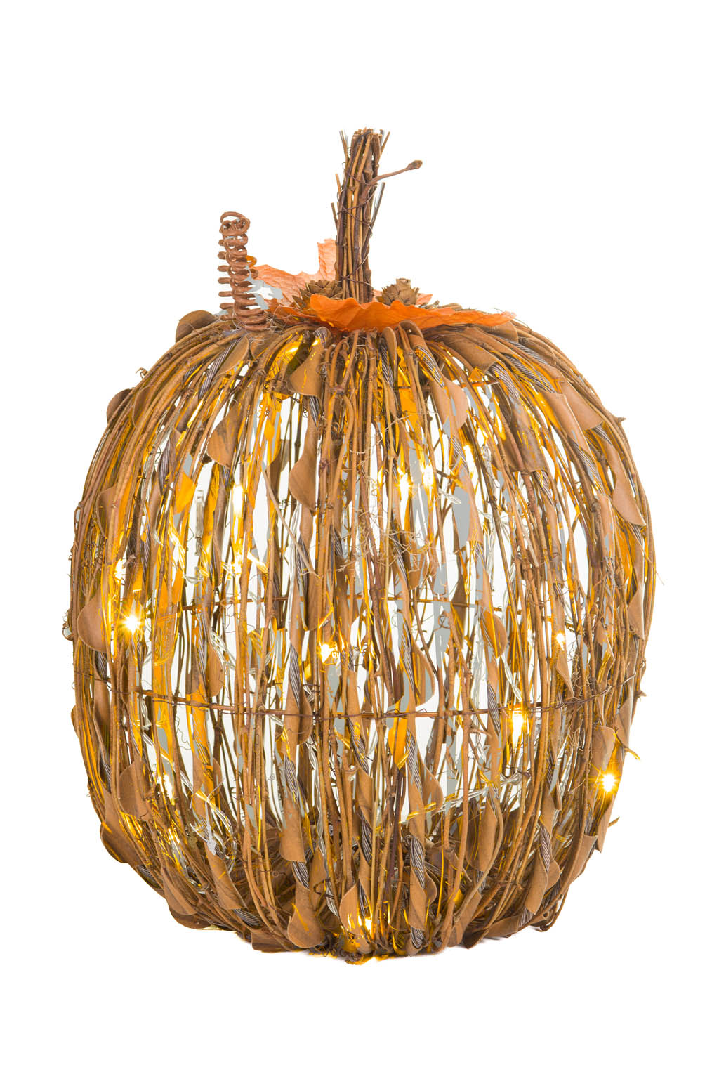 14" Sitting Ochre Wood Stick Pumpkin Warm White LED Display