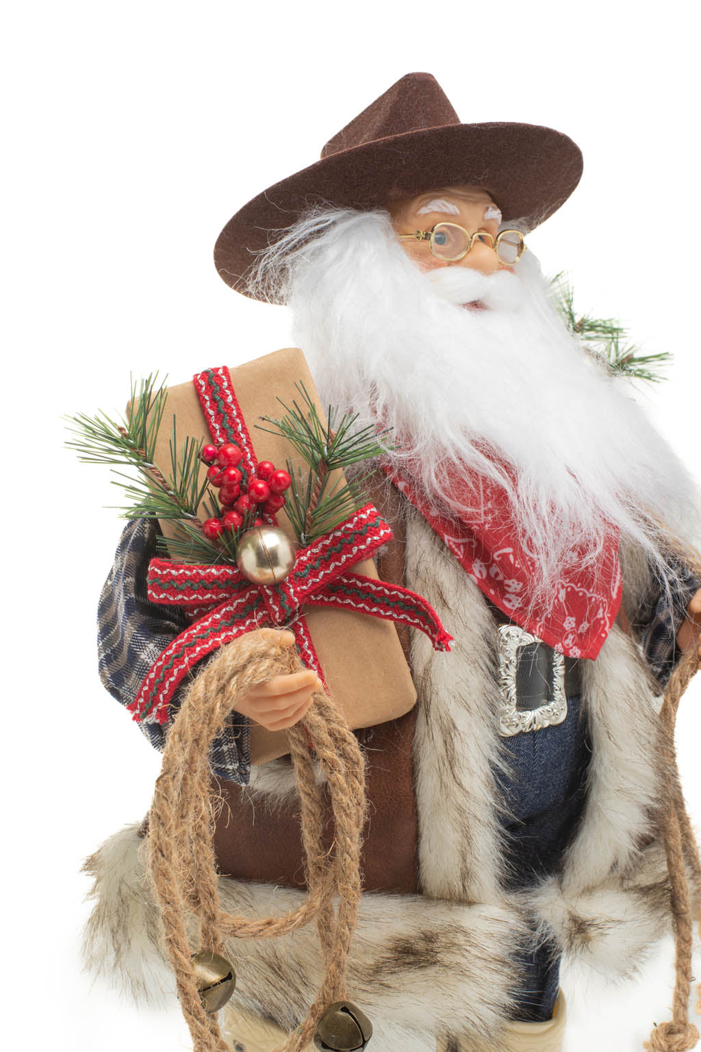 19" Plaid Brown and Blue Leather Wild West Santa Figurine