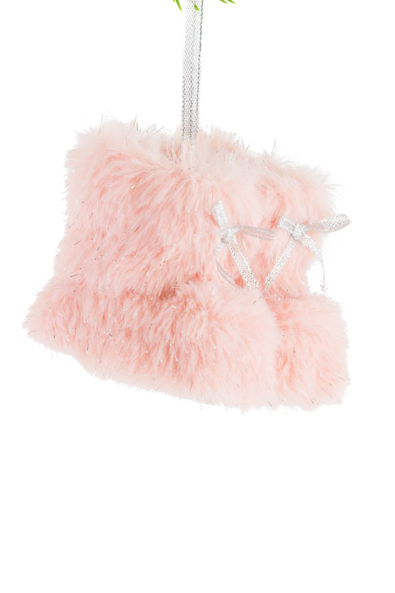 3.5" Hangable Sparkly Pink Fabric Fur Boots Ornament
