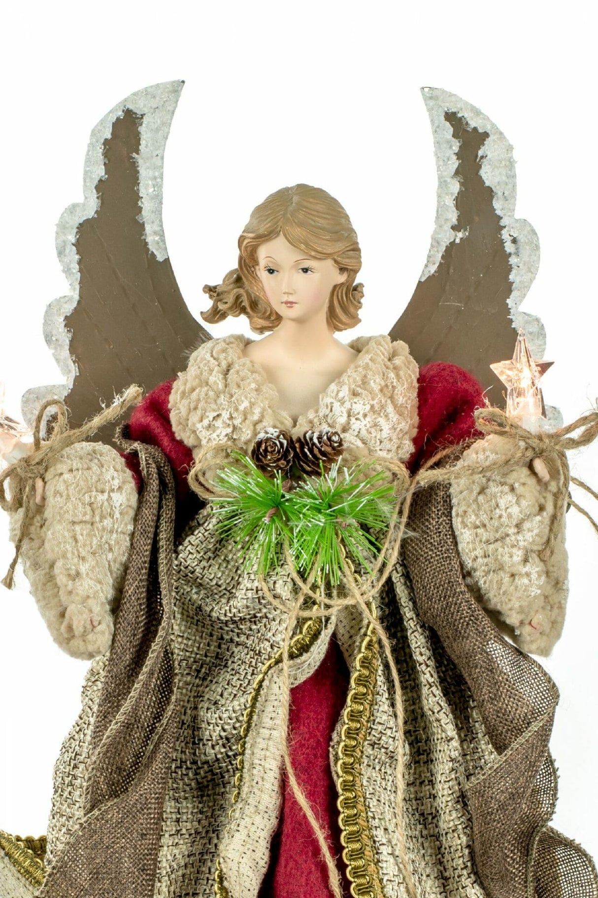 16" Burgundy Rattan Rustic 10-Light Angel Tree Topper with Metal Wings