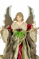 16" Burgundy Rattan Rustic 10-Light Angel Tree Topper with Metal Wings
