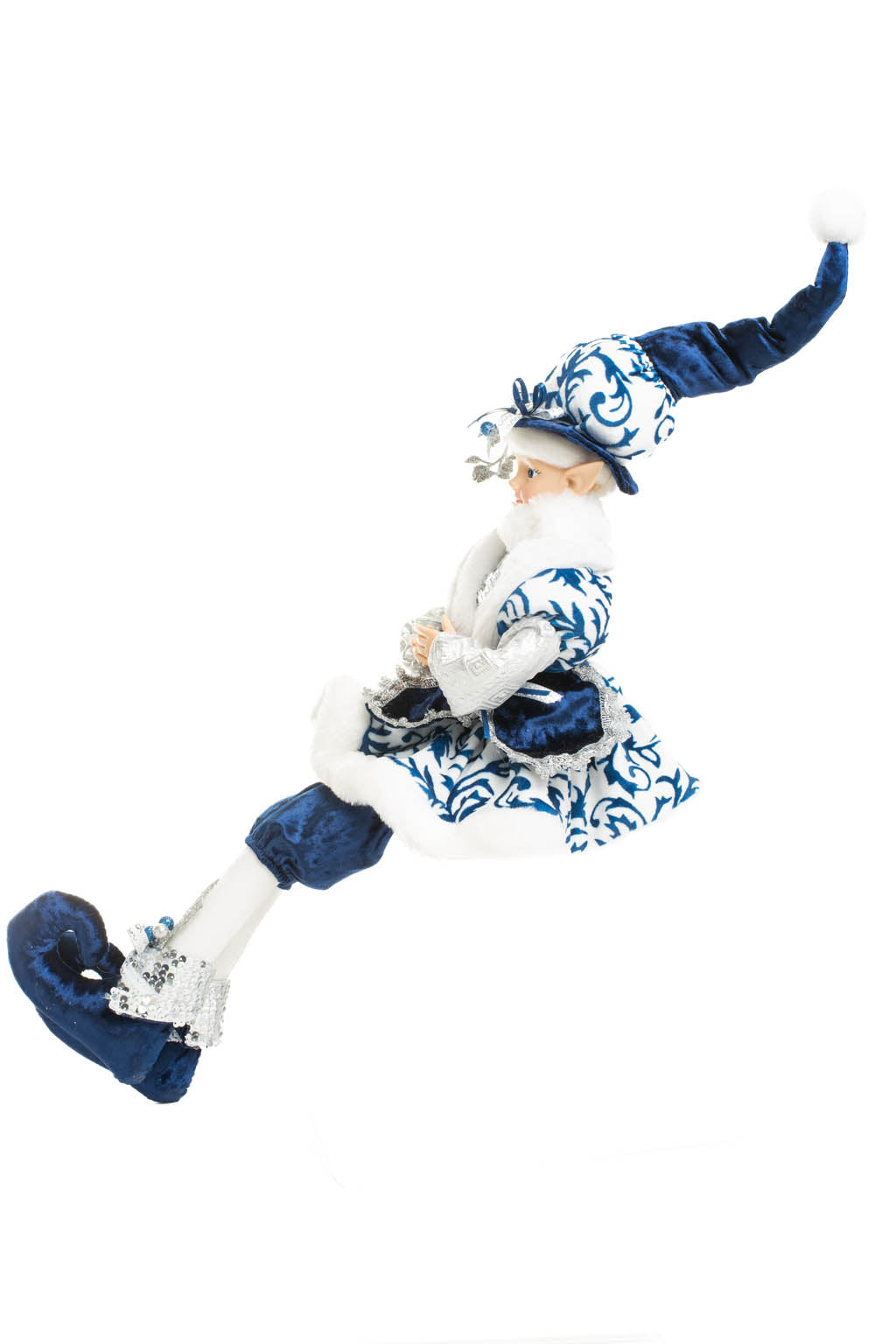24" Sitting Chintz Blue and White Polyester Dapper Elf Doll with Holly Coat