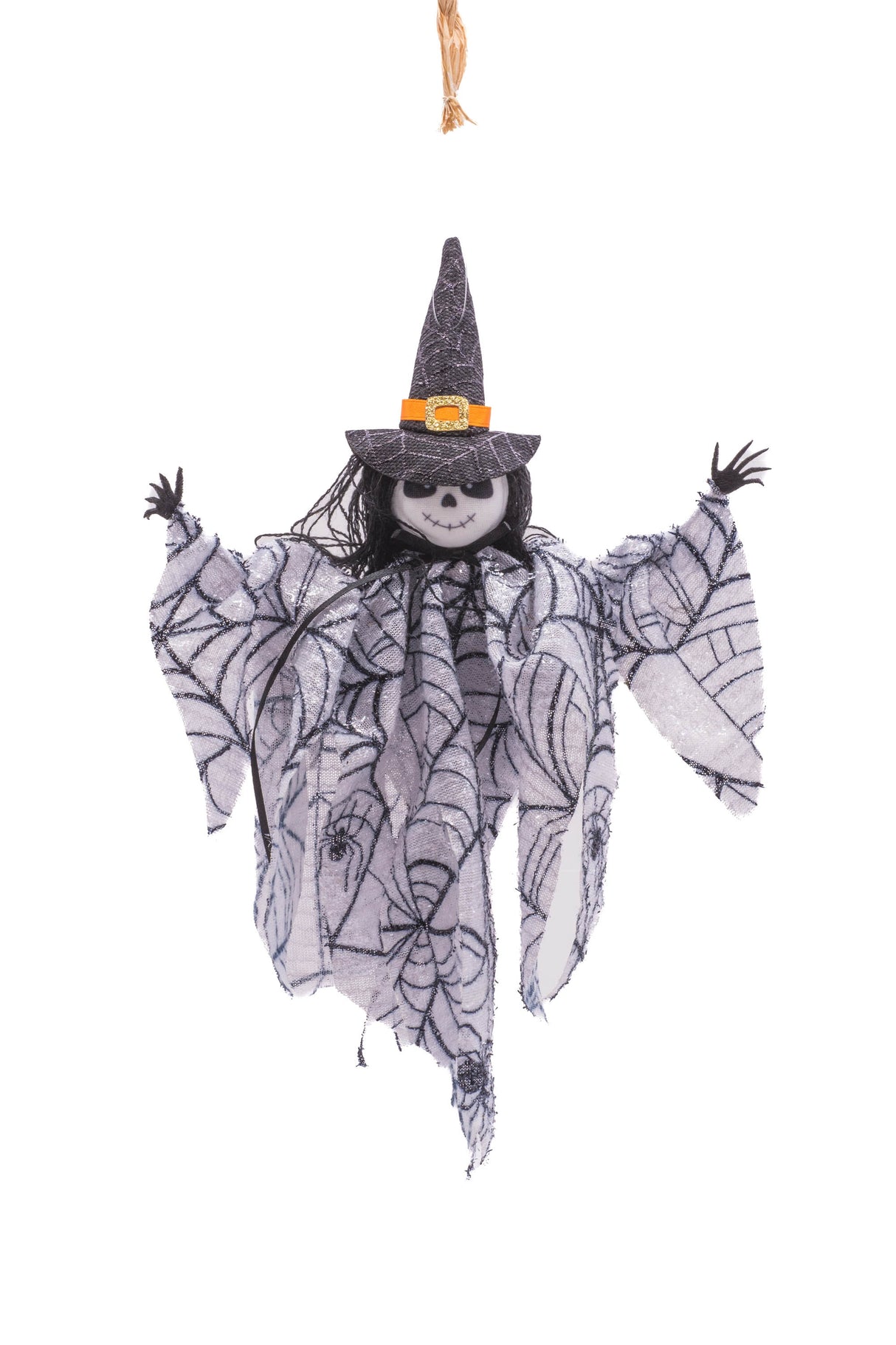 10.5" Hanging Spiderwebbed White Cloth Spooky Ghost Figurine with Skelly Face