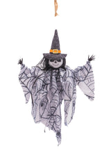 10.5" Hanging Spiderwebbed White Cloth Spooky Ghost Figurine with Skelly Face