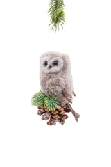 6" Hanging Gray Cloth Owl Ornament On Pinecone