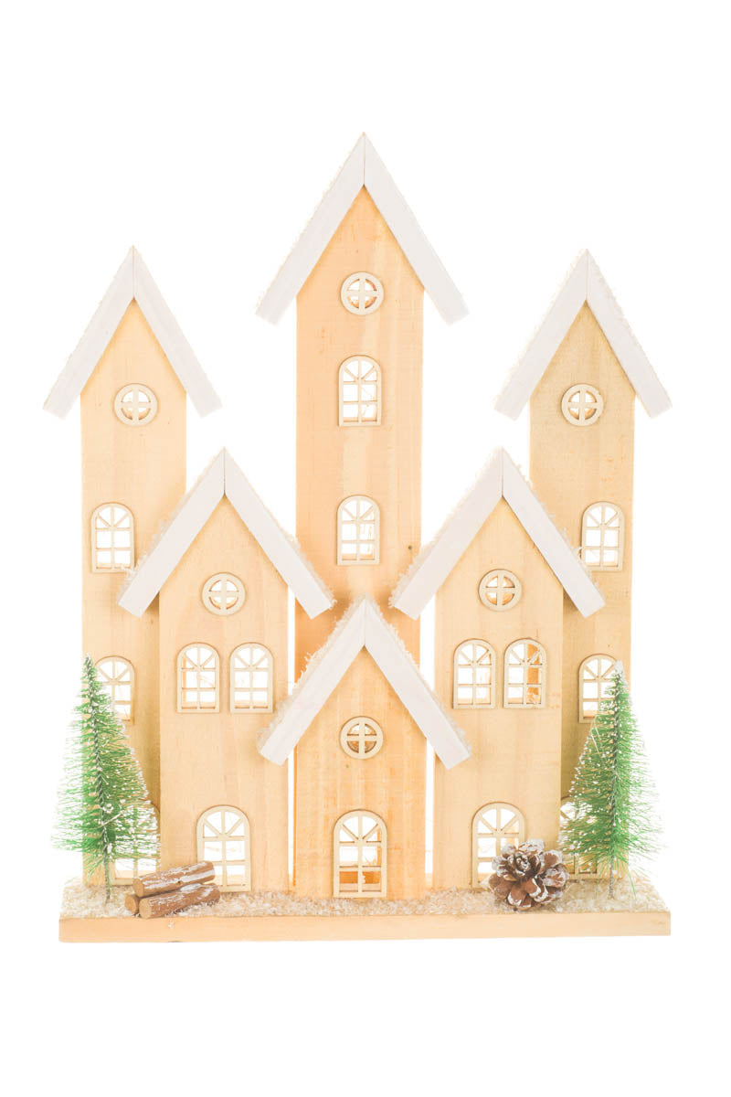 14.5" Frosted Peach and White Wooden Village LED Display with Timer