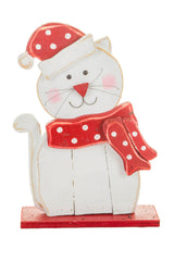 19.75" White and Red Wooden Kitty Standee Dressed For Winter