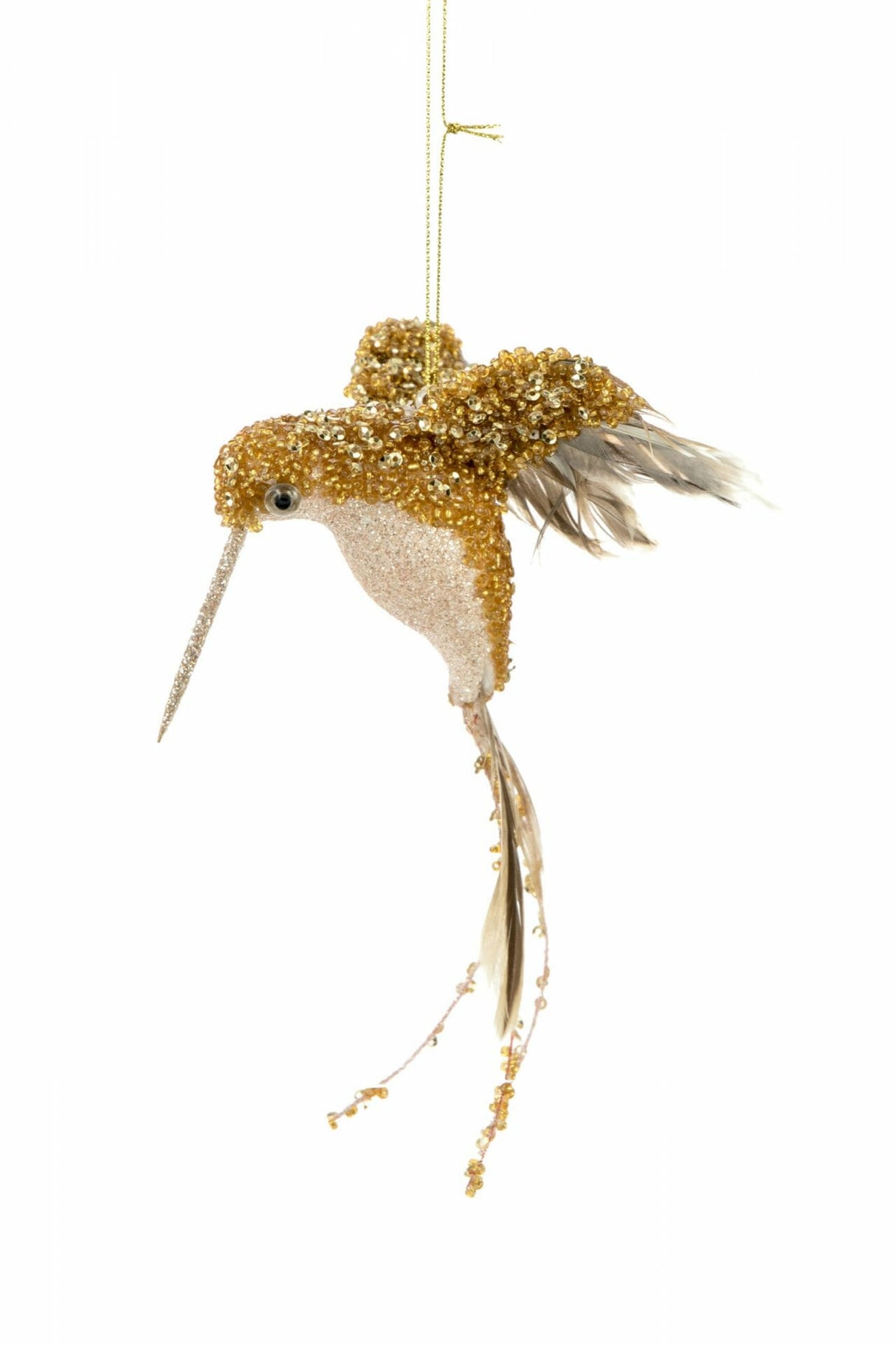 6.5"Hanging Gold and Brown Feathered Hummingbird Ornament with Curved Tail