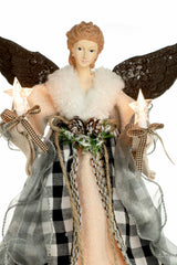 14" Cream Rattan Rustic 10-Light Angel Tree Topper with Black Gingnam Skirt