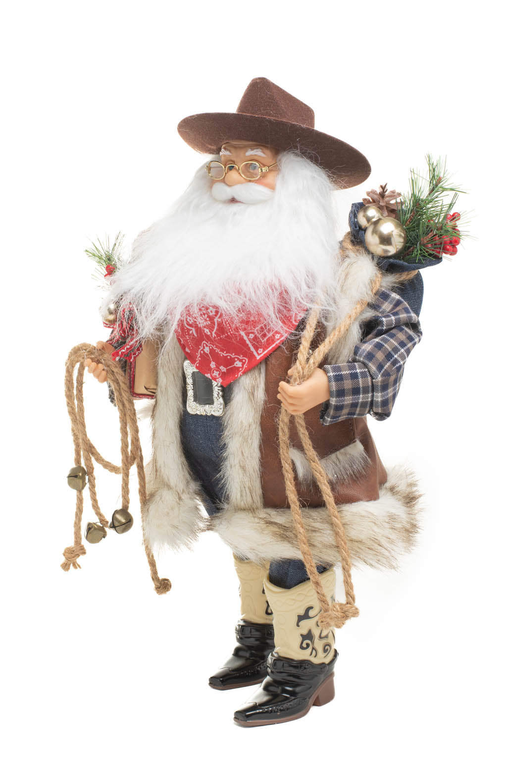 19" Plaid Brown and Blue Leather Wild West Santa Figurine