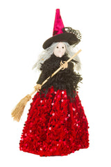 12" Sequin Black and Red Cloth Witch Ornament with Broom
