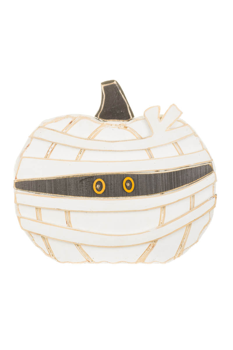 15.75" White Wooden Pumpkin Mummy LED Display with Glowing Eyes