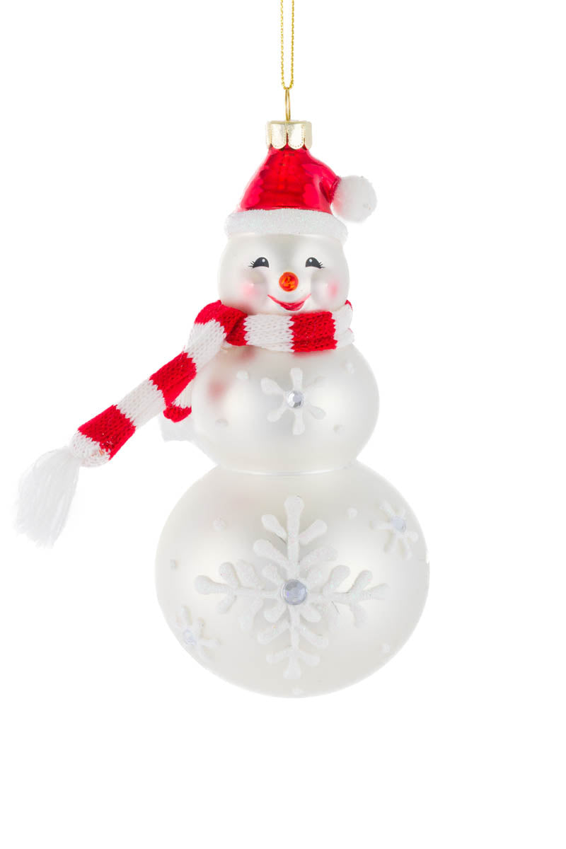 6.25" Hanging Matte White Glass Snowman Ornament with Scarf